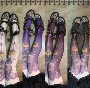 Halloween pumpkin cat gothic lolita pantyhose over-the-knee stockings in burgundy purple white and black colors worn on model legs with Mary Jane shoes and black ruffled lolita skirt