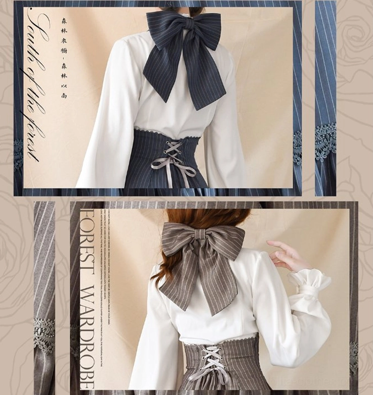 Close-up back detail shot removable large fabric bow corset-style lace-up waist vintage halter JSK dress, South of the Forest brand lolita fashion