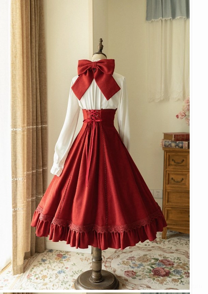 Vintage halter JSK dress construction detail showing professional stitching seams ruffled lace hemline quality craftsmanship lolita fashion garment