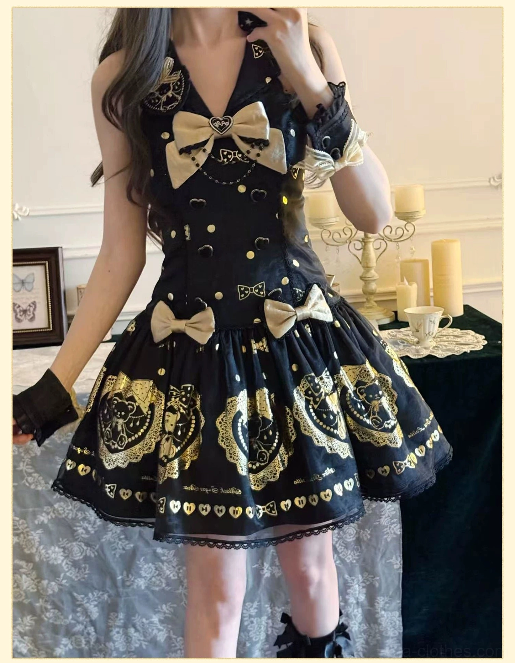 Halter dress and OP dress side-by-side comparison showing two distinct silhouette variations of black and gold bear print lolita style, emphasizing design differences and styling versatility