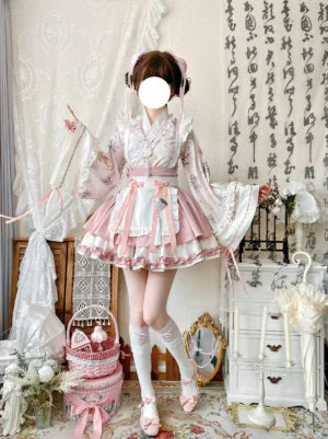 Full-body front view of Han Lolita herbalist dress set featuring cross-collar blouse with ruffled placket, tiered cake skirt, detachable apron with bows, modeled on faceless figure with white thigh-high stockings and pink Mary Jane shoes in vintage Chinese studio setting
