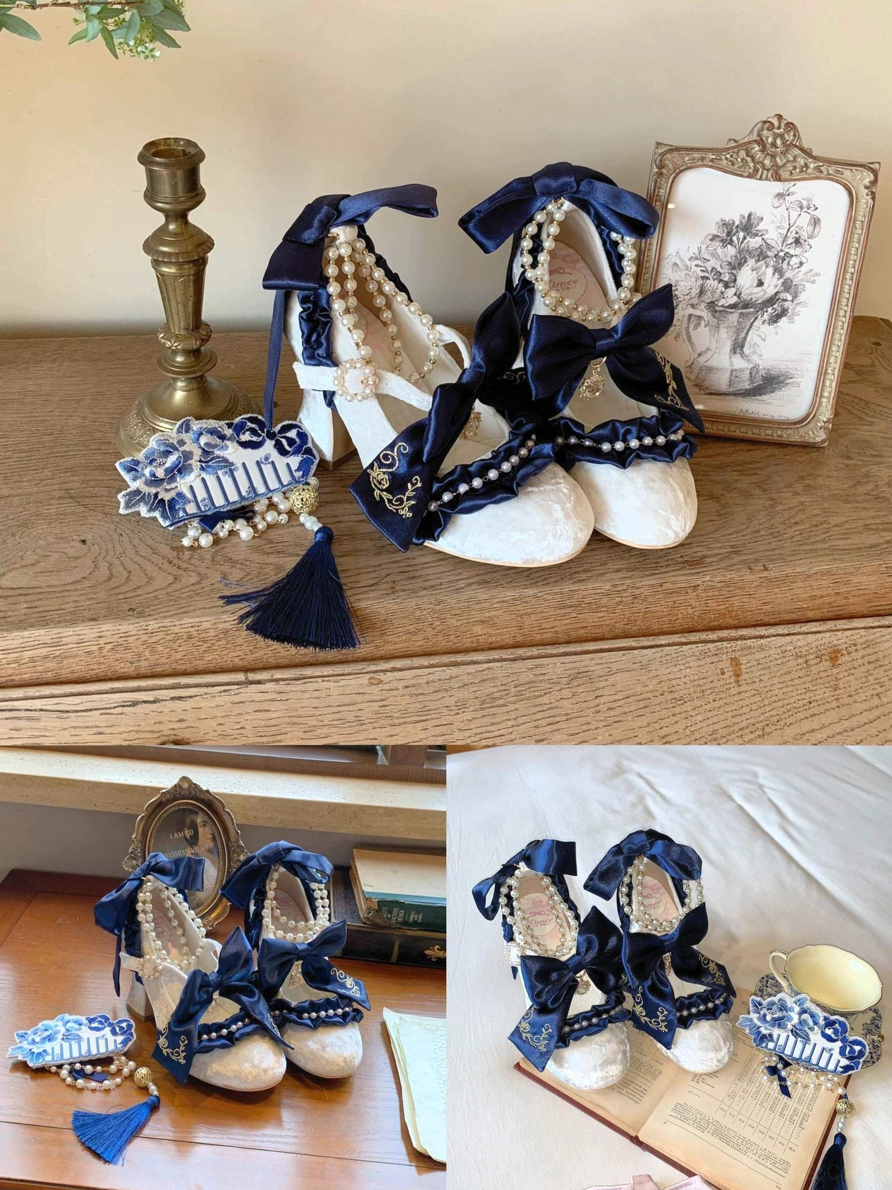 Handcrafted classic Lolita wedding heels with ruffle lace trim chunky block heel and detachable pearl decorated ribbon system