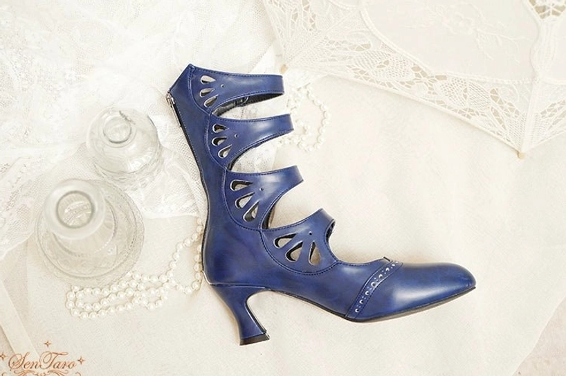Handcrafted Lolita Mary Jane ankle boots with hollow-out botanical straps and retro-inspired metal buckles