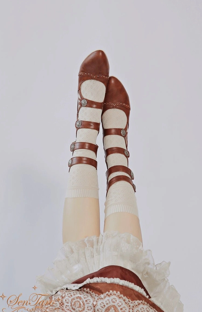 Handcrafted Lolita Mary Jane ankle boots with retro metal buckles and hollow-out botanical straps vintage-inspired design
