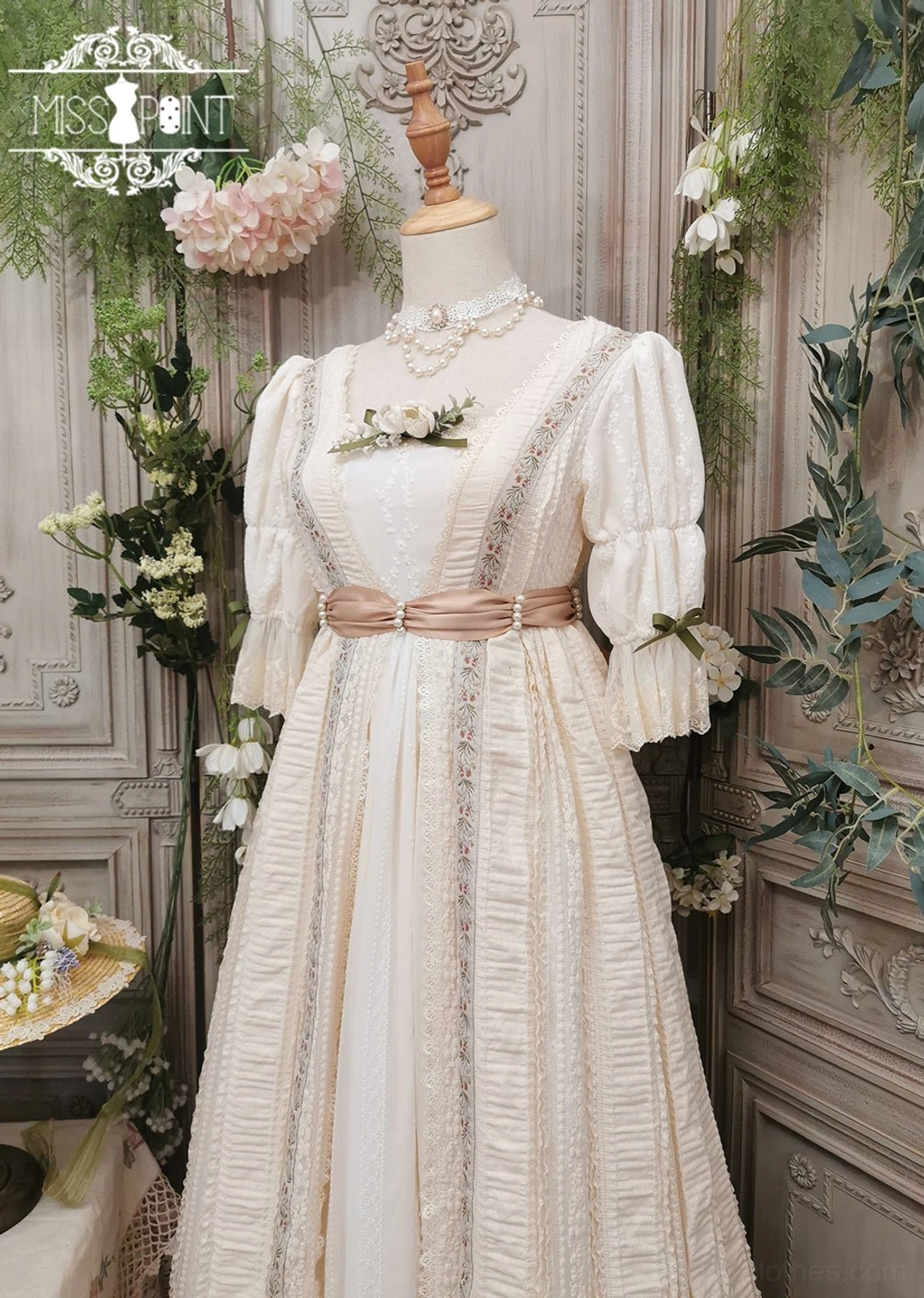 Handcrafted lolita ribbon belt with clustered pearl embellishments and traditional floral weaving pattern detail