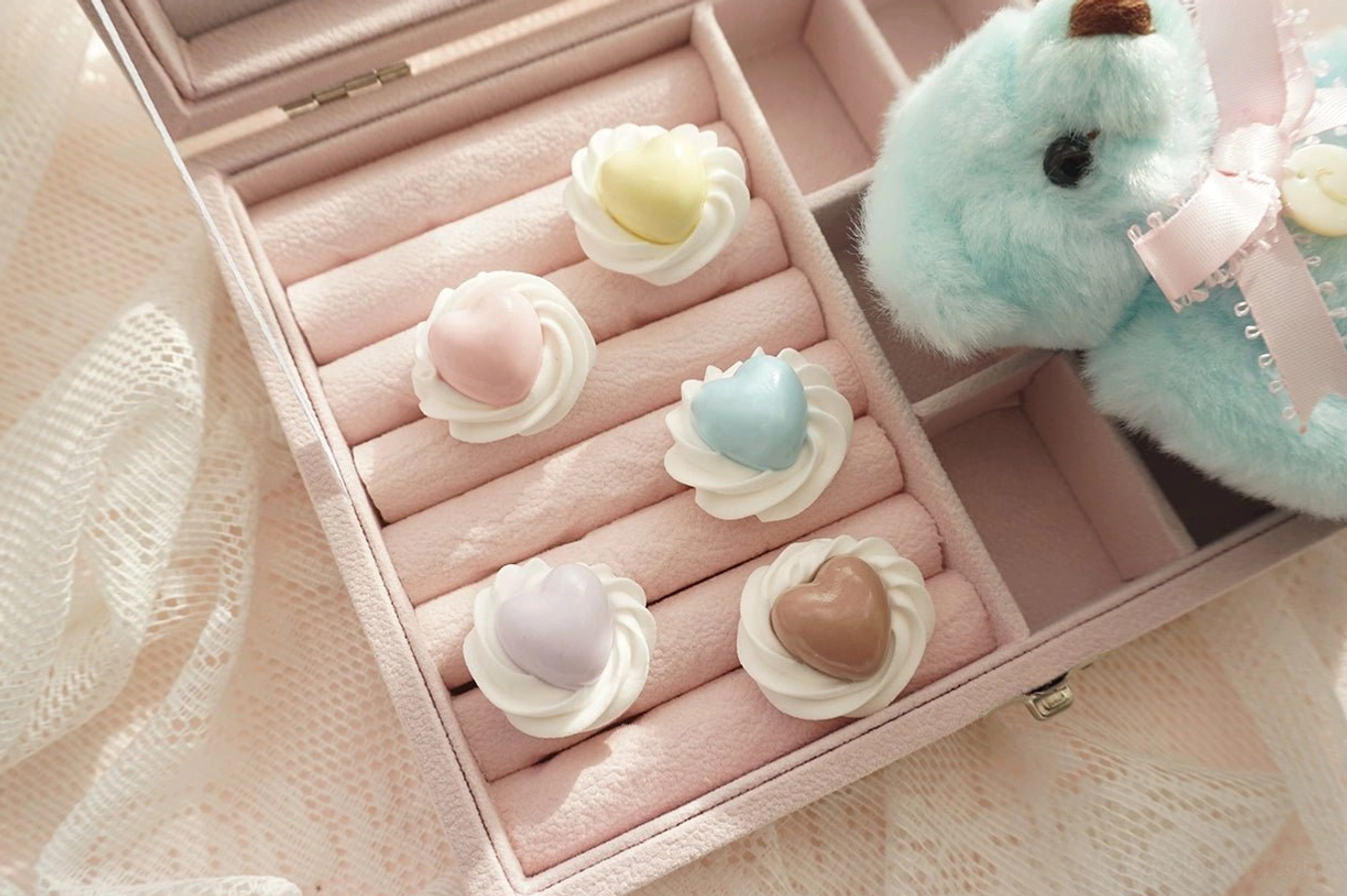 Complete collection of pink purple blue yellow and coffee handmade cream heart adjustable Lolita rings