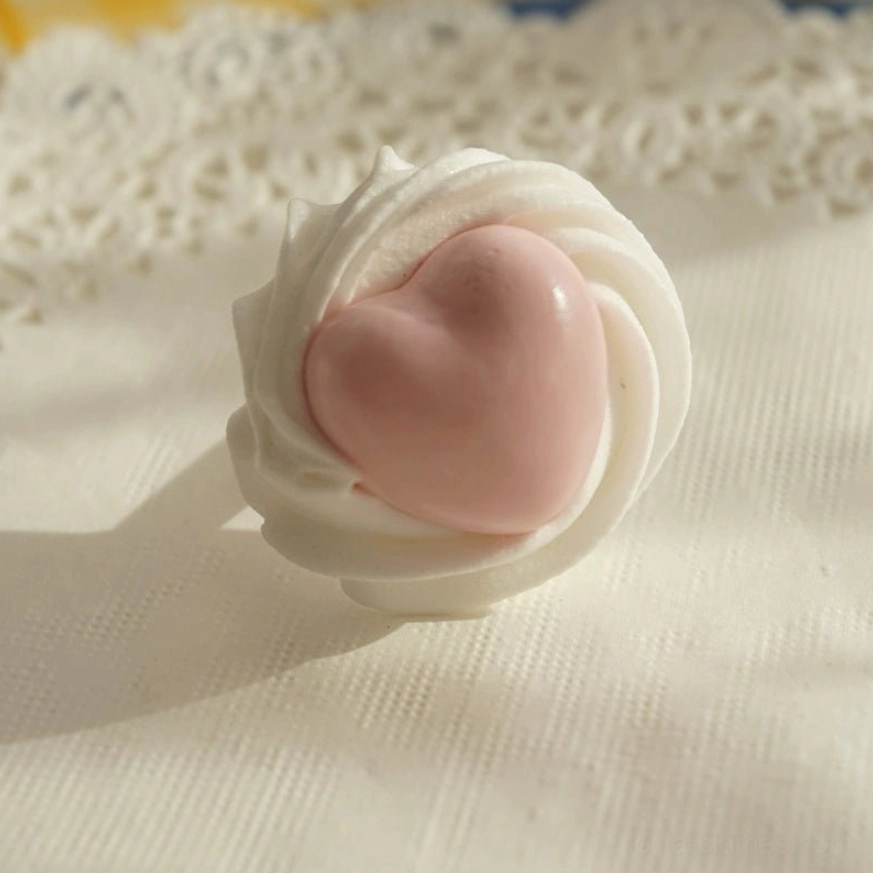 Pink handmade cream heart adjustable Lolita statement ring with pastel dessert inspired resin clay design