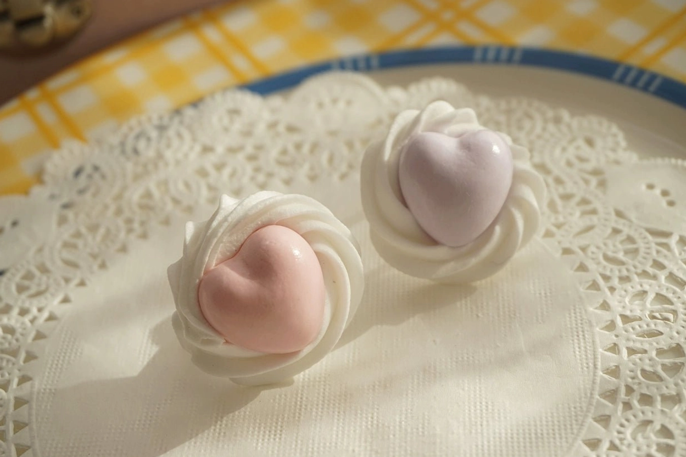 Pink and light purple handmade cream heart Lolita rings with dimensional whipped cream style resin clay details