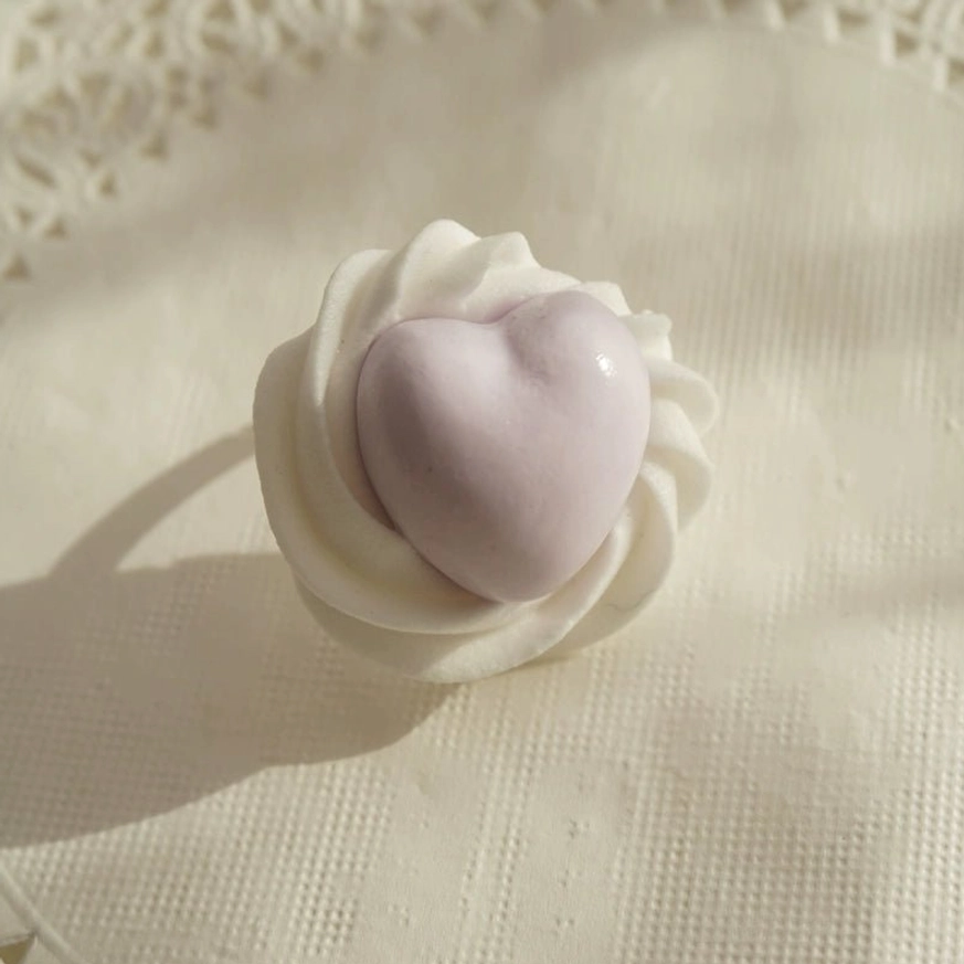 Purple handmade cream heart adjustable Lolita statement ring with lavender heart and sculpted white cream details