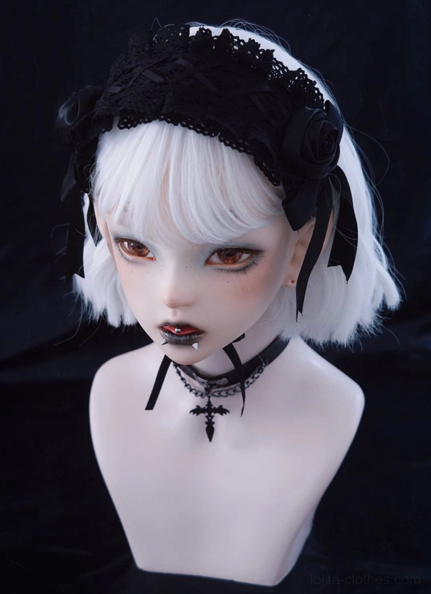 Handmade gothic black rose hairband frontal view lace headband with rose and bow accents on BJD model