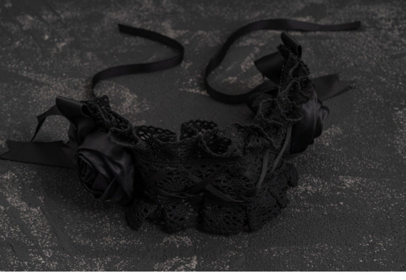 Handmade gothic black rose lolita hairband product lifestyle image showing elegant satin rose and ribbon bow details