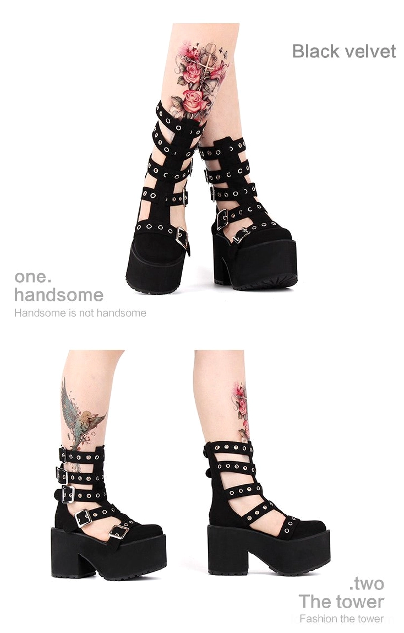 Detailed view of platform gladiator boots emphasizing the handcrafted construction, silver buckle hardware, eyelet grommets, and thick platform heel structure for Lolita fashion coordination