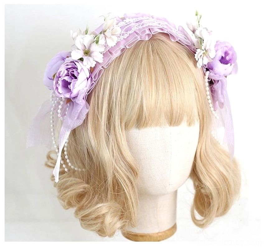 Handmade lolita floral headband showing artisanal craftsmanship detail and construction quality close-up