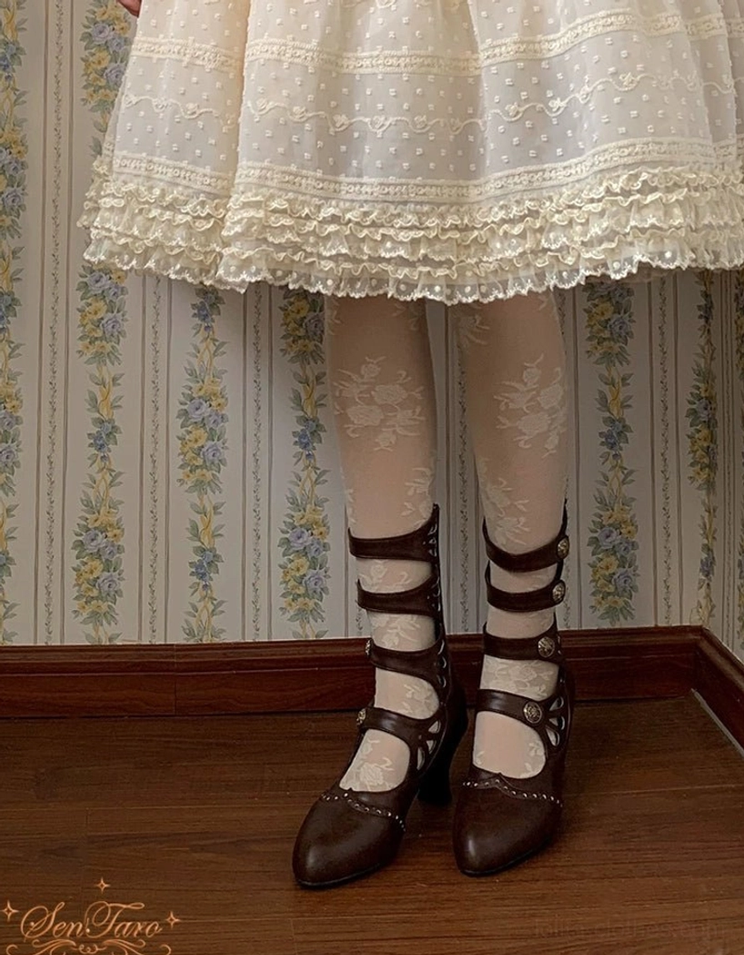Handmade Lolita Mary Jane ankle boots with side zipper and curved heel showing construction quality detail
