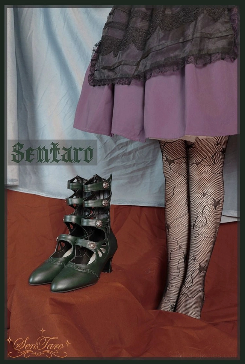 Handmade Lolita Mary Jane boots showing faux crazy horse leather upper and floral carved pattern side view