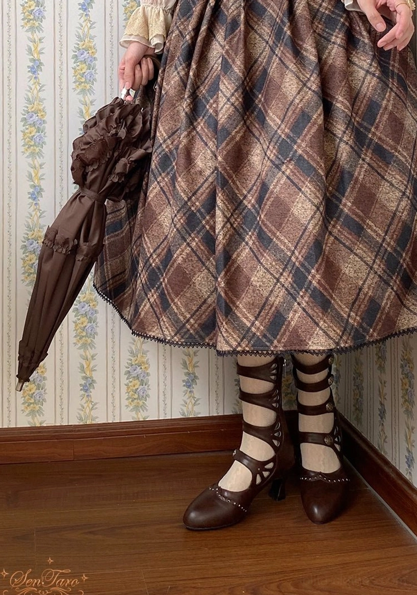 Handmade Lolita Mary Jane footwear showing burgundy faux crazy horse leather and botanical pattern hollow-out detail