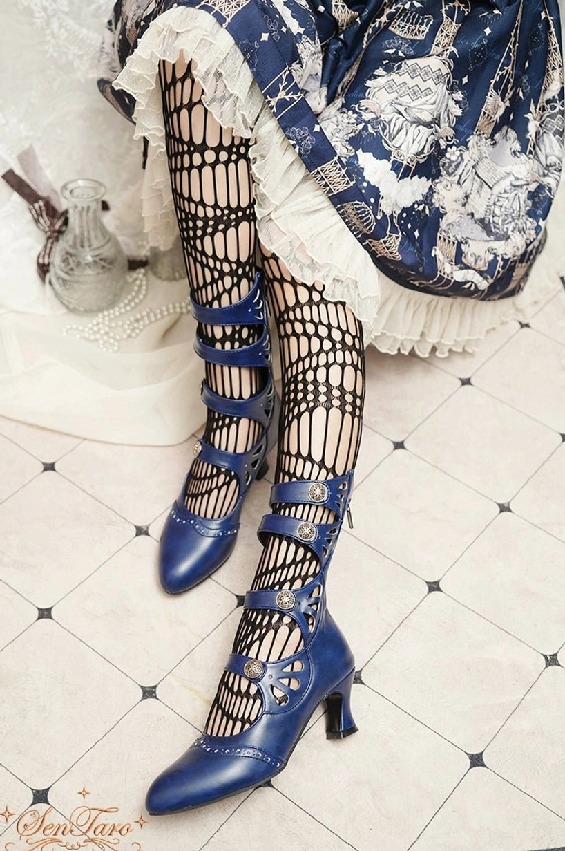 Handmade Mary Jane Lolita footwear showing side zipper closure and curved heel construction detail view