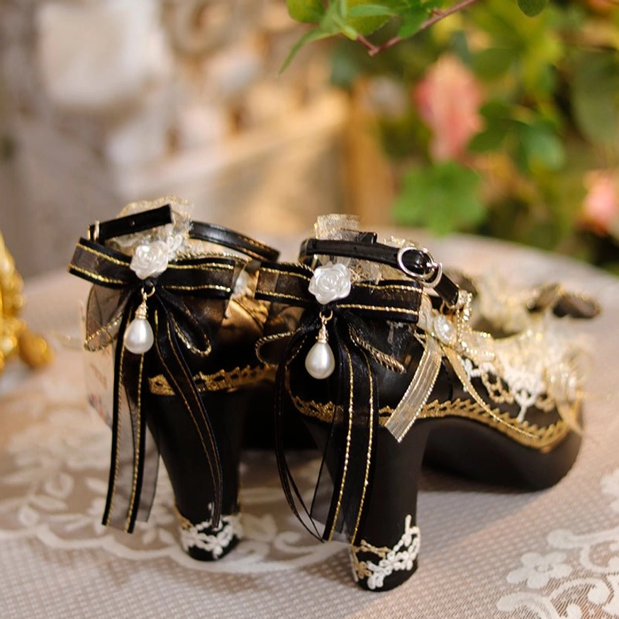 Handcrafted pointed-toe Lolita tea party heels with ornamental embellishments for authentic Japanese subculture fashion coordination