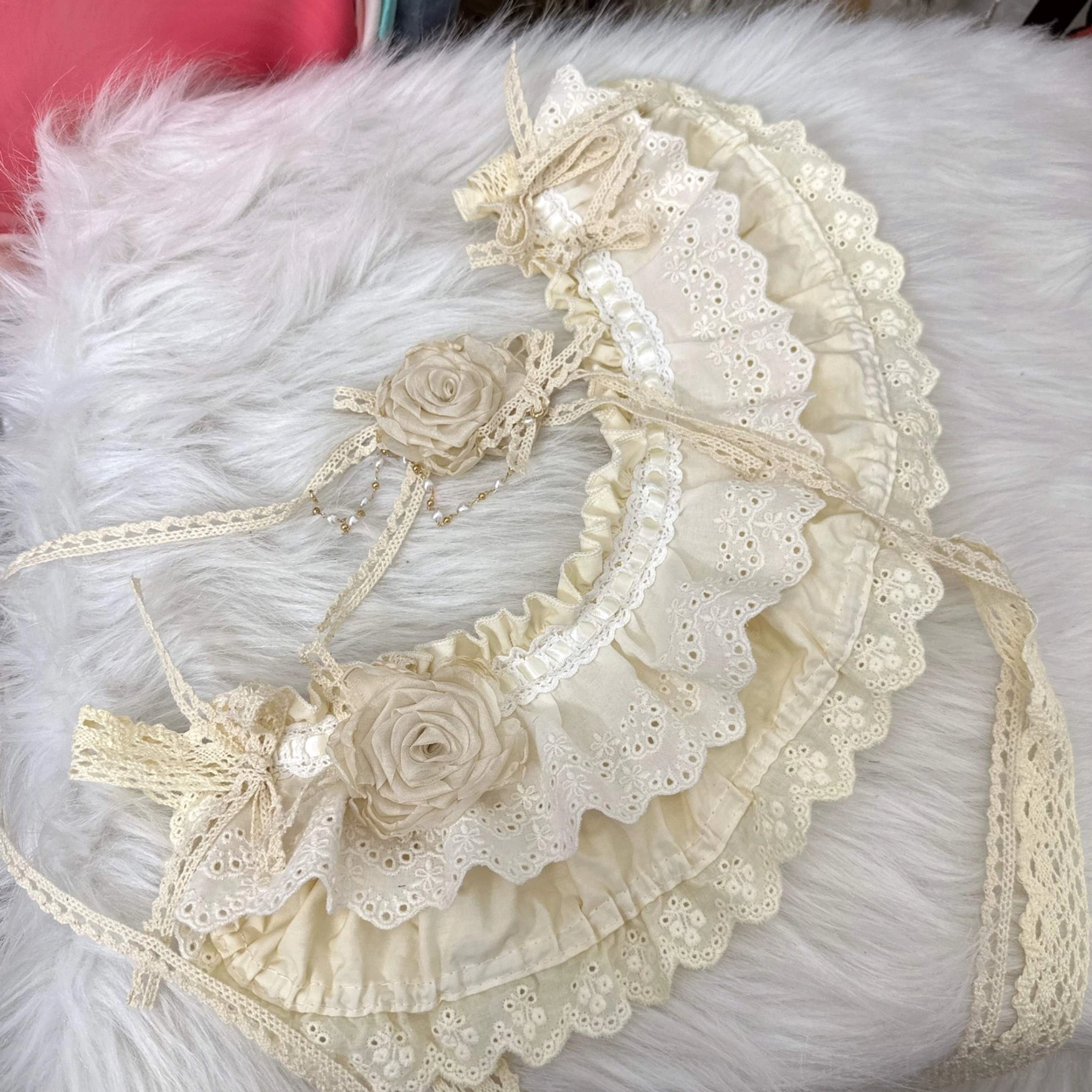 rose lolita bonnet artisan handmade cotton headpiece fabric flower construction detail view