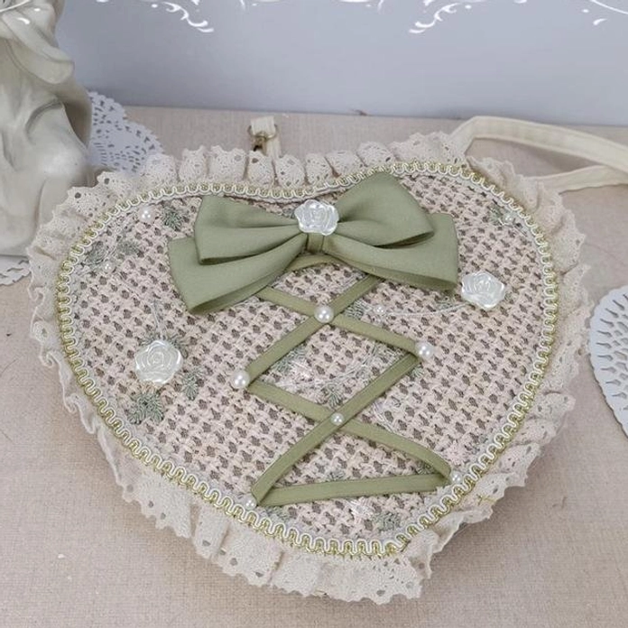 Handmade woven heart-shaped Sweet Lolita crossbody handbag with checked fabric green bow pearl center cross straps and lace trim