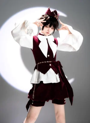 Ouji Lolita prince coordinate styled with a champagne gold waist chain, burgundy velvet suit and white ruffled blouse