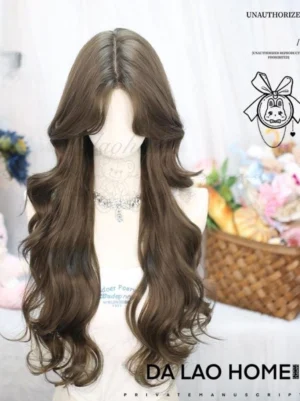 Hazelnut Taupe Flower Season 70cm Lolita wig with eight-character bangs and loose curls displayed on mannequin with floral decorations