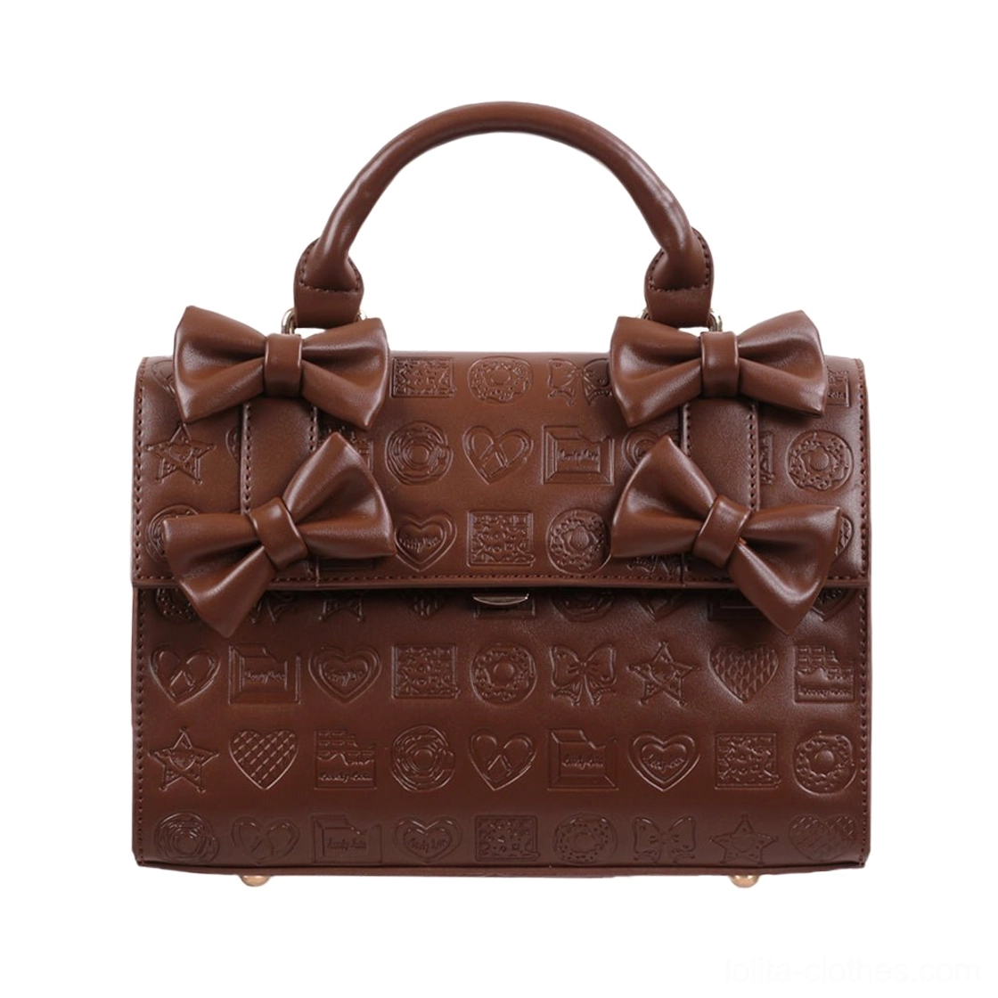 Dark chocolate brown embossed Lolita handbag showing four bow decorations and protective bottom feet