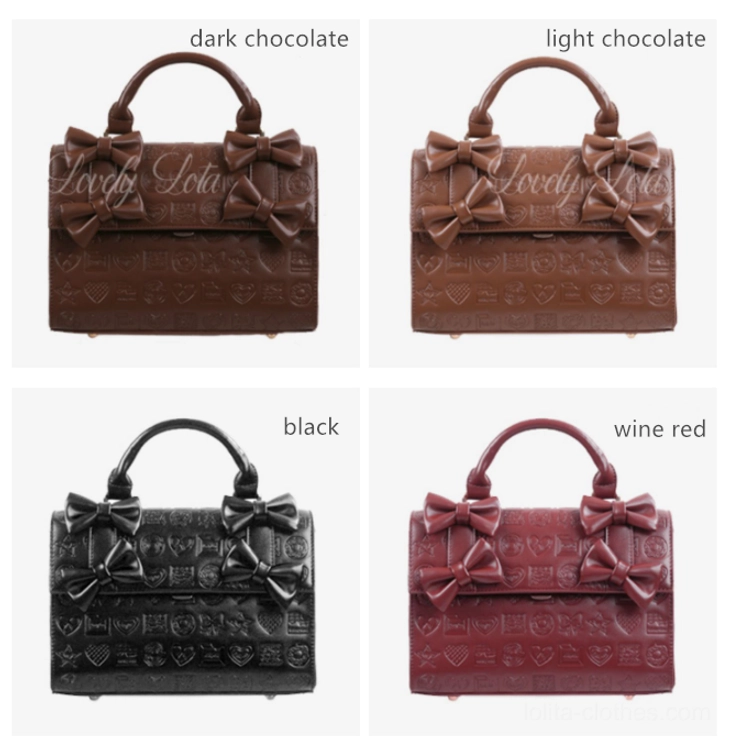 Heart embossed chocolate Lolita bow handbag color selection including chocolate brown black and wine red