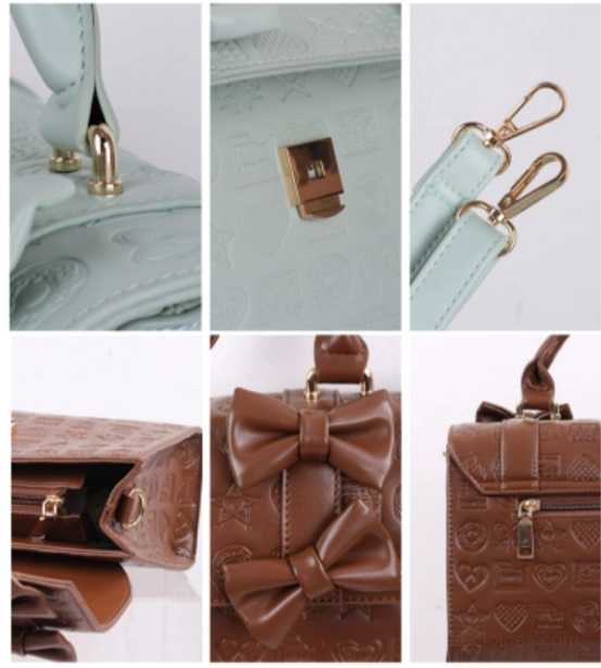 Heart embossed chocolate Lolita bow handbag close-up showing romantic embossed PU leather details