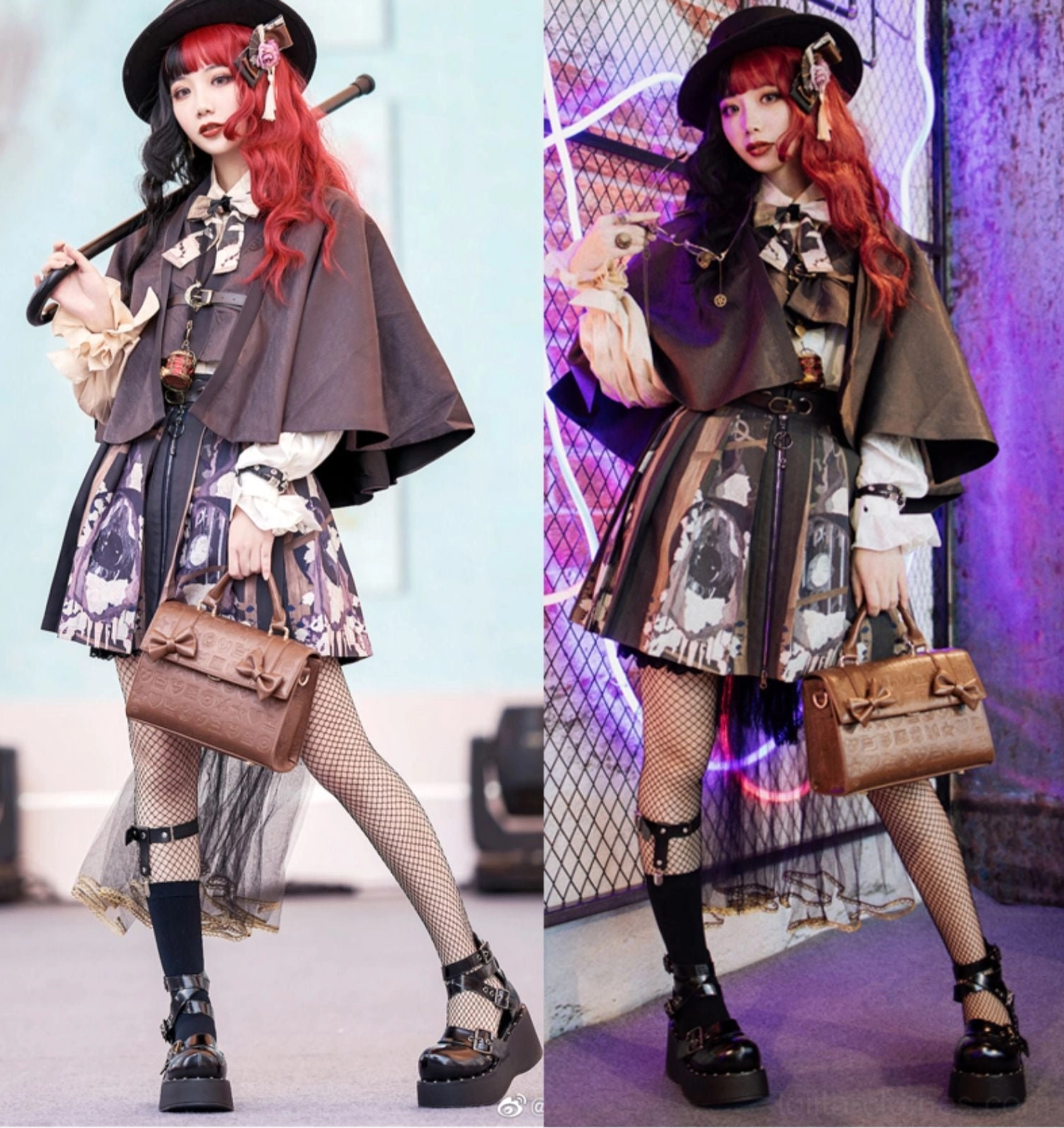 Heart embossed chocolate Lolita bow handbag top handle and removable shoulder strap detail