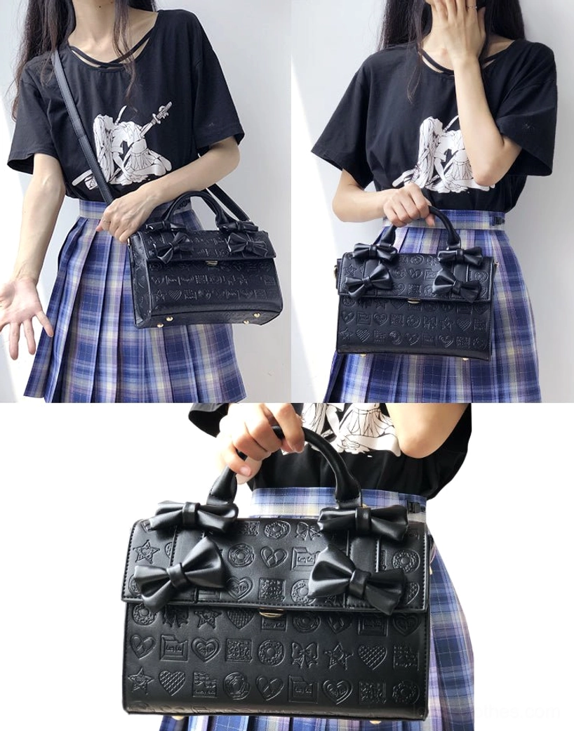 Heart embossed chocolate Lolita bow handbag final product detail view for kawaii fashion coordinates