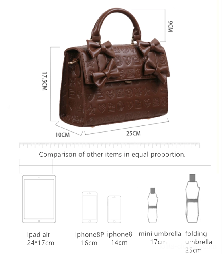 Heart embossed chocolate Lolita bow handbag size guide showing length width height and handle drop