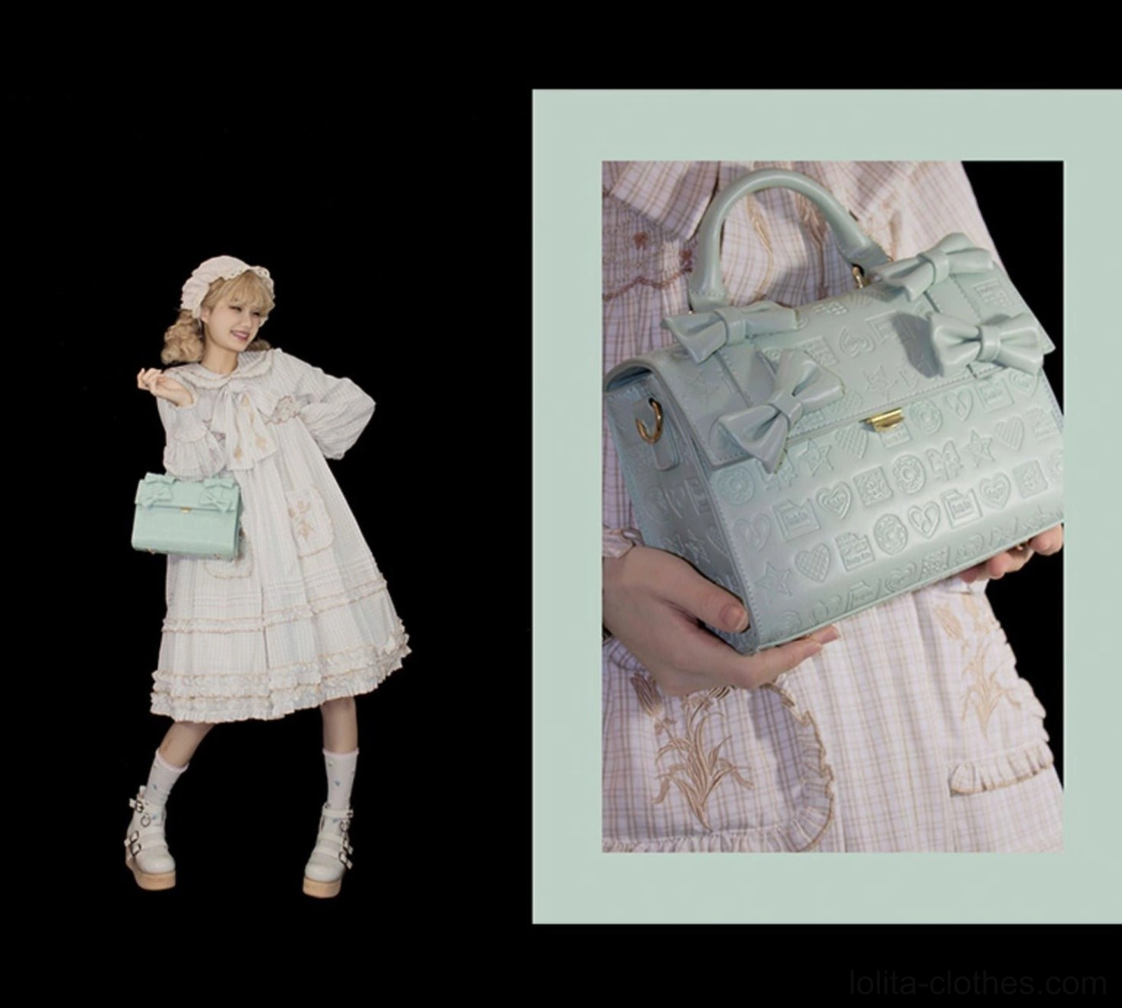 Heart embossed chocolate Lolita bow handbag fashion accessory view with structured silhouette