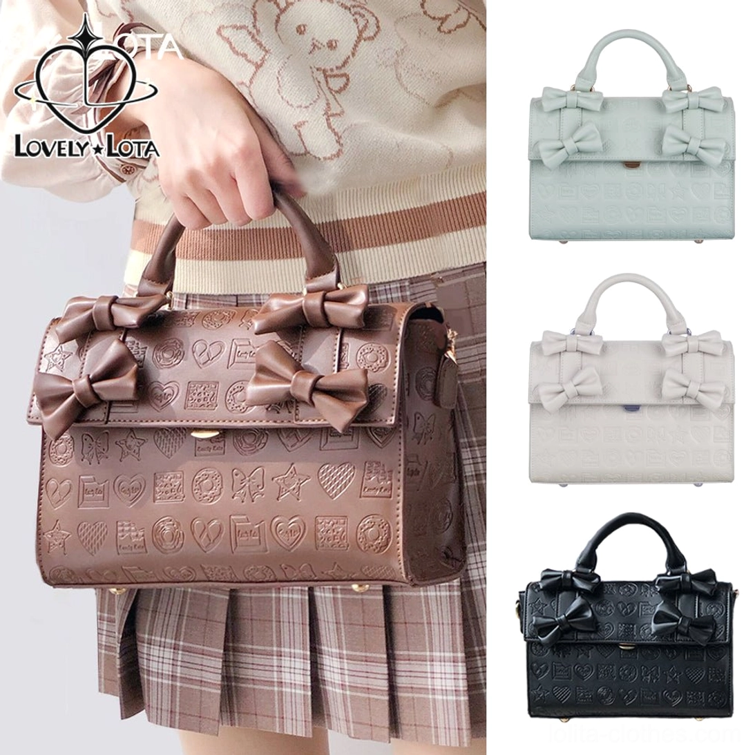 Heart embossed Lolita bow handbag styled with a knit sweater and plaid pleated skirt