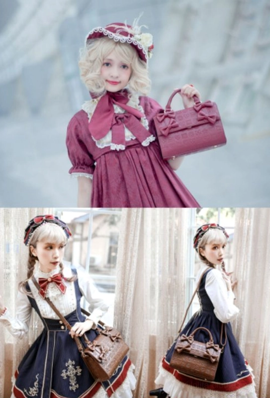 Heart embossed chocolate Lolita bow handbag sweet kawaii accessory product detail view