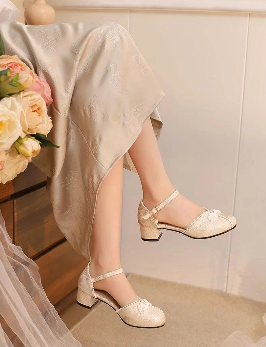 Heart Jade Lolita Mary Jane cream embroidered shoes full side view model legs wooden decor roses