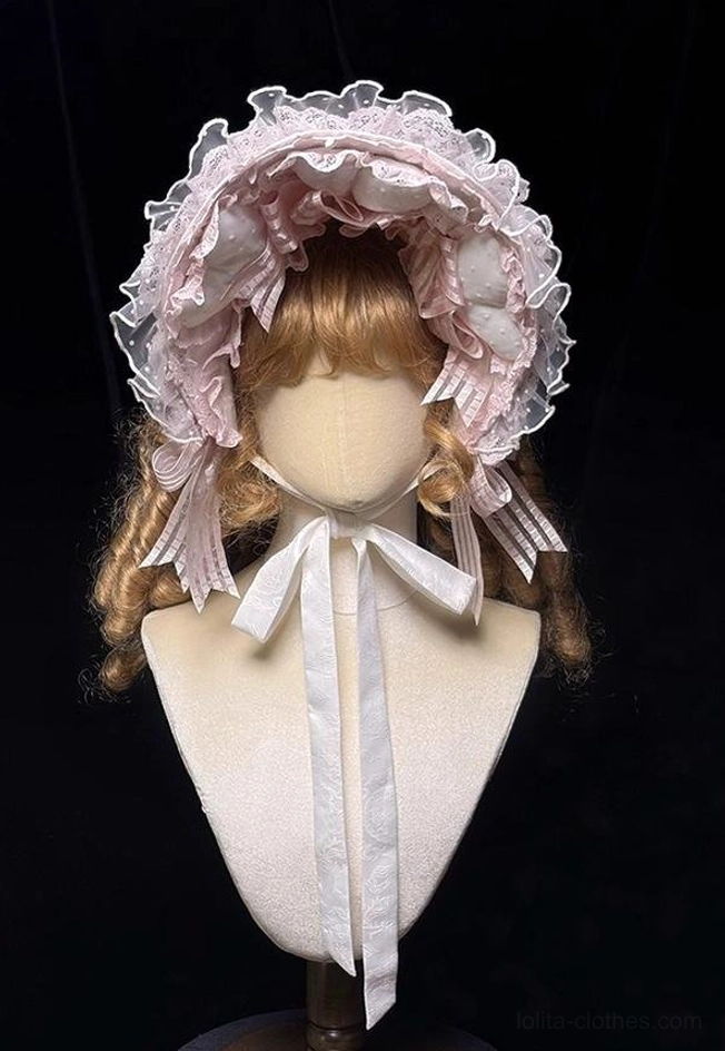 Baby pink sweet lolita standalone bonnet full multi-layer ruffled lace with white satin chin ribbon