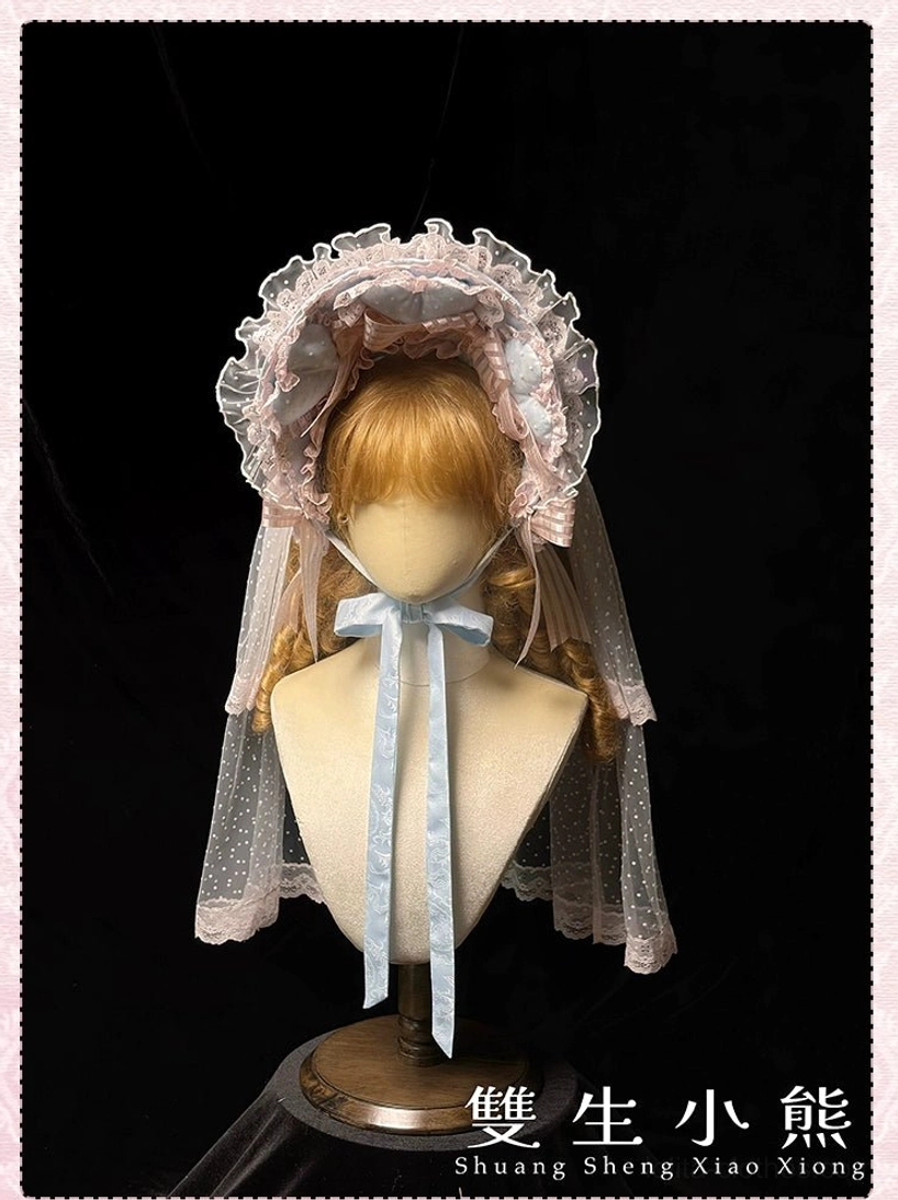 Baby pink sweet lolita bonnet with tulle veil ruffled lace trim polka-dot veil sky blue satin bow