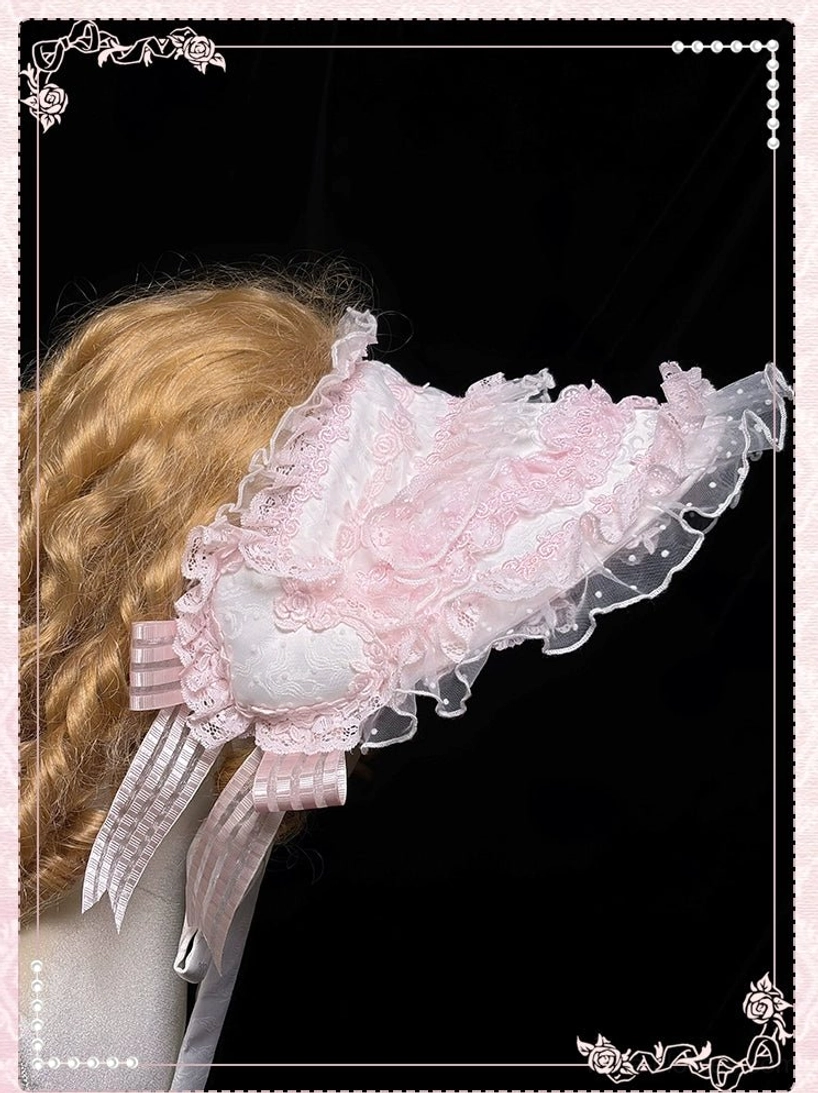 Sweet lolita bonnet front view polka-dot veil satin ribbon decorative embellishments detail