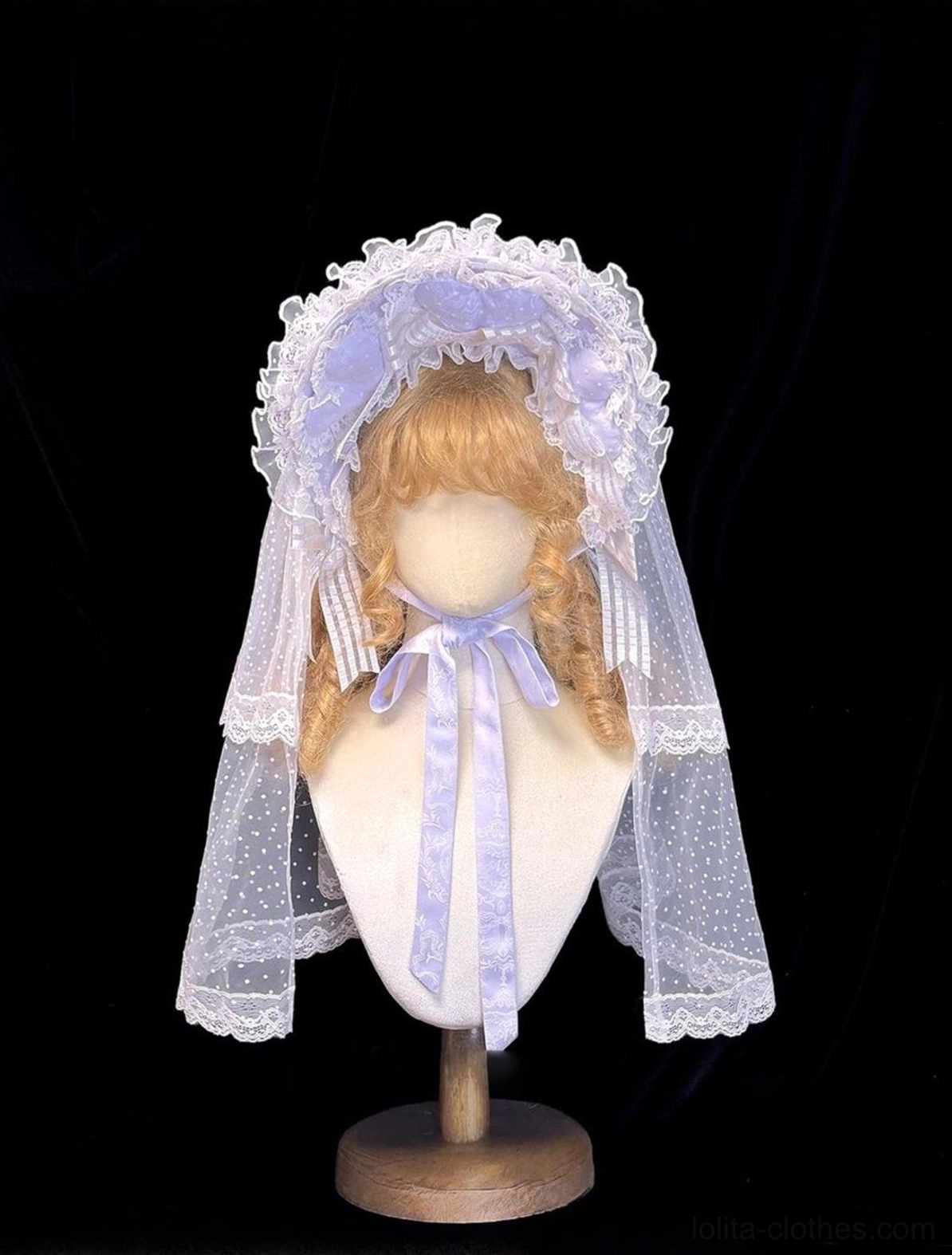 Lavender purple sweet lolita bonnet with ruffled lace border polka-dot veil and light purple satin ribbon