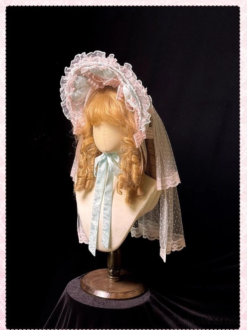 Mint green sweet lolita bonnet with ruffled trim semi-transparent tulle veil and mint satin chin tie
