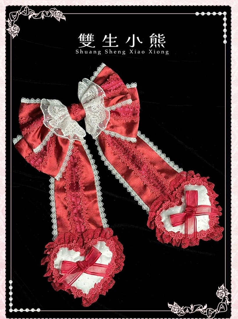Red and white bonnet with trailing sweet lolita accessory set multi-layer ruffled lace design