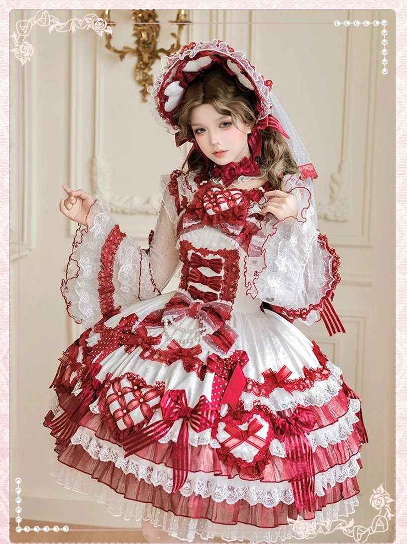 Red white gingham sweet lolita outfit matching bonnet tulle veil lace-trimmed dress heart decorations