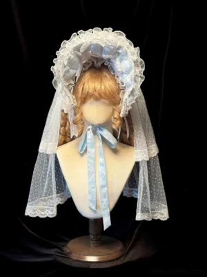 Sky blue sweet lolita lace bonnet with polka-dot sheer tulle veil and matching blue satin bow