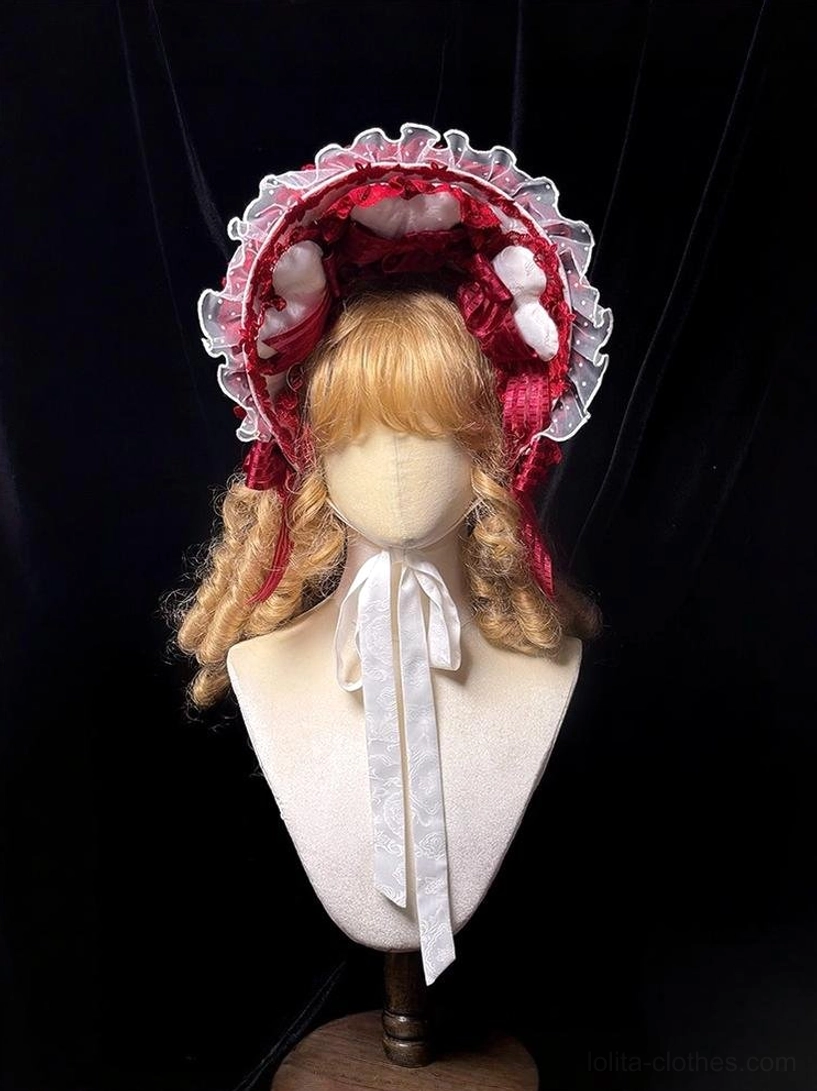Wine red sweet lolita standalone bonnet with white pom-pom embellishments layered ruffled lace