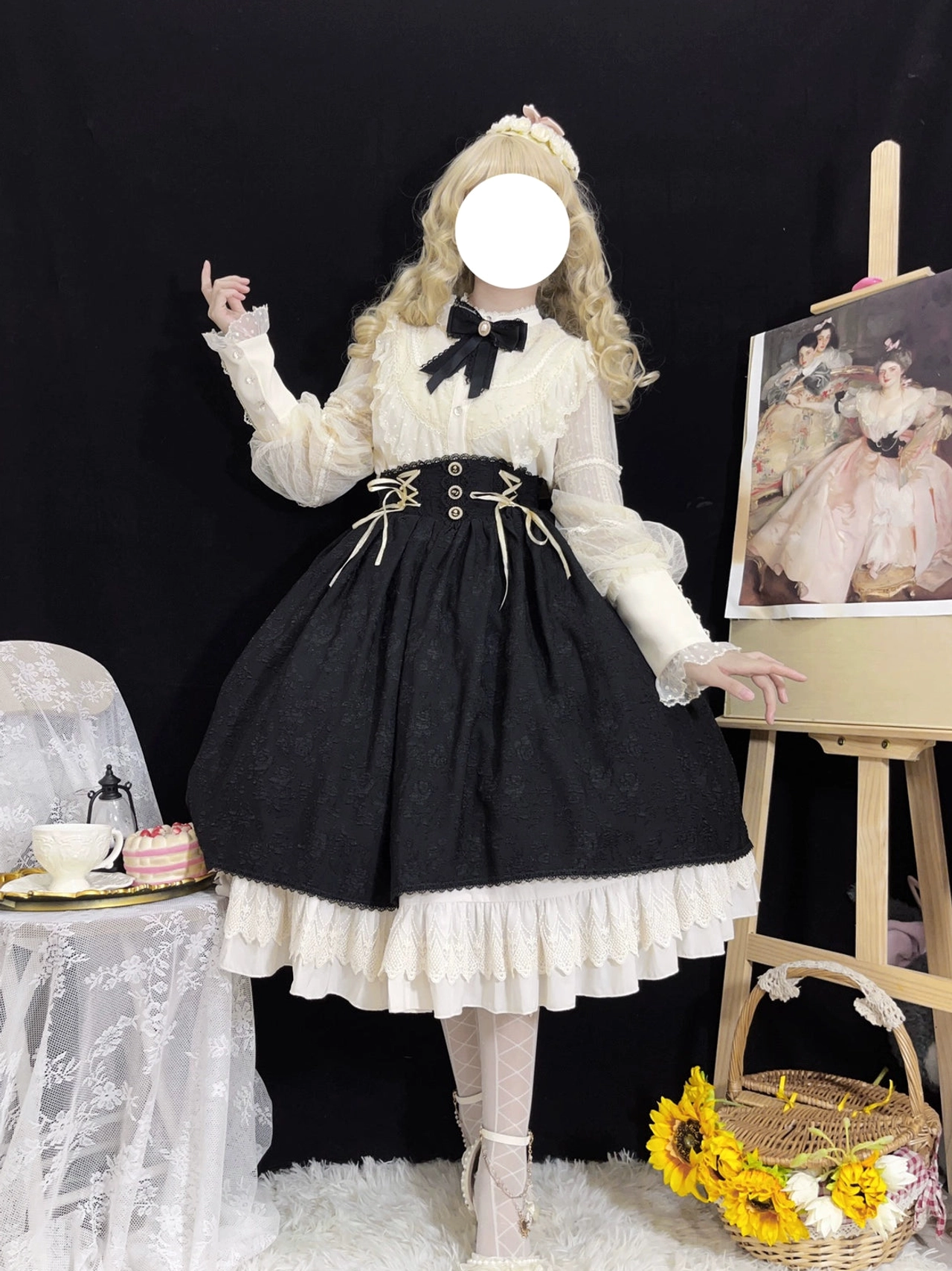 Heart of the Rose retro Lolita outfit front three-quarter view sheer long ruffled sleeves high-waisted black skirt white lace hem decorative waist buttons