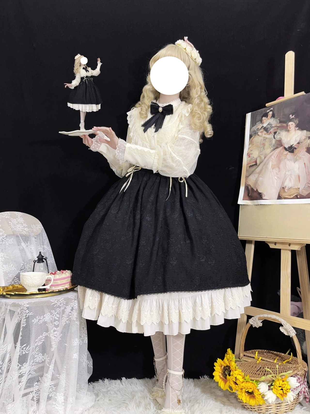 Heart of the Rose retro Lolita skirt and blouse set back three-quarter view elegant Victorian-inspired two-piece with cream ruffled blouse black bow tie and high-waisted skirt with lace hem