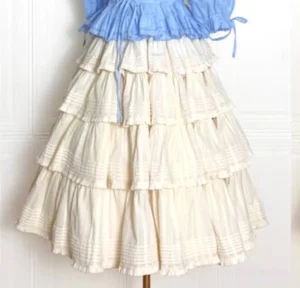 Heidi lolita tiered pleated SK skirt cream white flat lay display with sky blue waistband ruffle detail