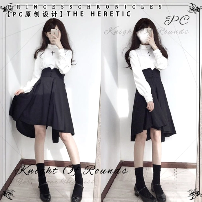 The Heretic gothic lolita coordinate dual mirror selfies two poses asymmetric hem pleated flow different angles