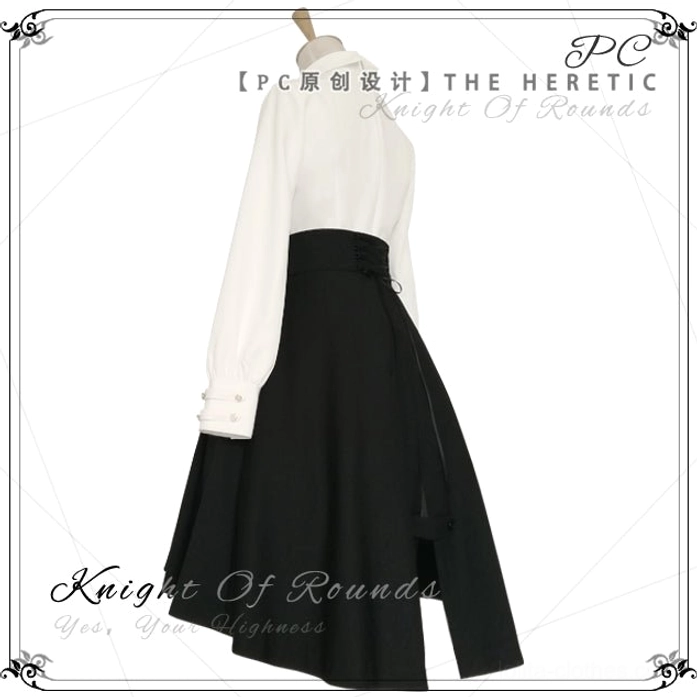 The Heretic black gothic lolita skirt back side view mannequin pleated body adjustment buckles structural details